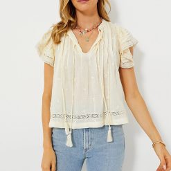 Drawstring Pleated Solid Color Womens Lace Edge Casual Top