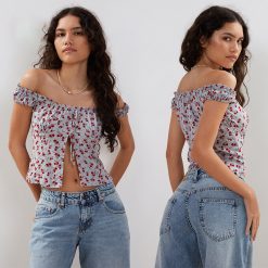 Floral Ladies off Shoulder Corset Crop Summer Vacation Womens Tops