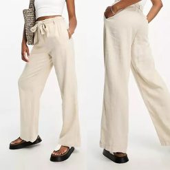 Womens Linen Drawstring Solid Color Casual Straight Leg Pants