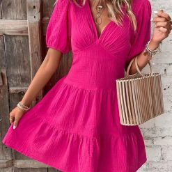 Solid Color Slim High Waist V-Neck Mid Sleeve Dress